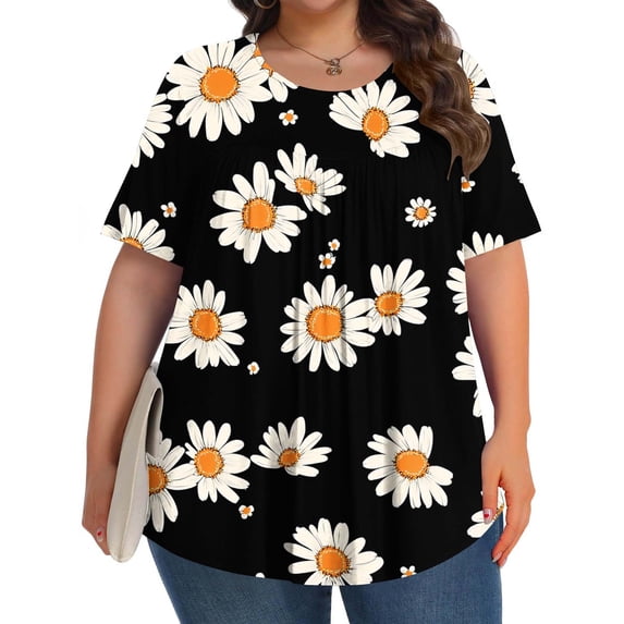Yotami Loose Fit Tops for Women Short Sleeve Crew Neck Summer Plus Size Tee Floral Print Pleated Breathable Clothes for Beach Cover-Up, Multicolor