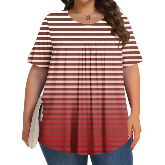 Yotami Oversized Tops for Women Striped Print Crew Neck Plus Size Blouse Summer Pleated Short Sleeve Workout T-Shirt for Vacation, Red