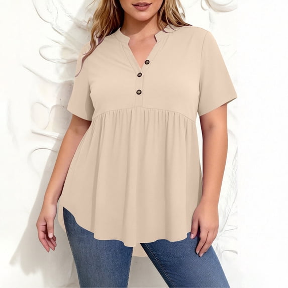 Yotami Plus Size Button V-Neck T-Shirts for Women Summer Loose Fit Short Sleeve Blouses for Daily Pleated Solid Color Everyday, Beige XXXL