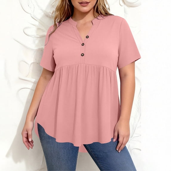 Yotami Plus Size Button V-Neck T-Shirts for Women Summer Loose Fit Short Sleeve Blouses for Daily Pleated Solid Color Everyday, Pink XXXXL