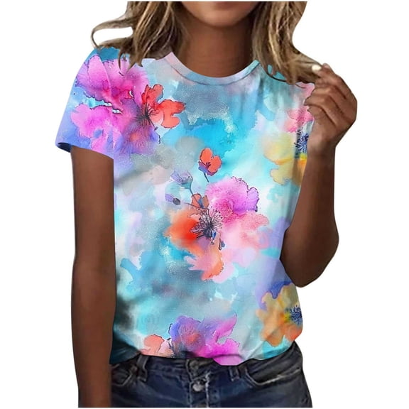 Yotami Plus Size Casual T-Shirt for Women Crewneck Floral Print Tops for Summer Short Sleeve Lightweight T-Shirt Multicolor L