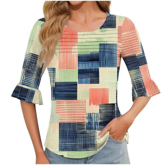 Yotami Plus Size Crew Neck T-Shirt for Women Short Sleeve Summer Tops for Vacation Plaid Print Breathable T-Shirt Khaki XXXL