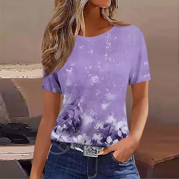 Yotami Plus Size Top for Women Crewneck Tops for Summer Floral Print Short Sleeve Comfortable Top Purple XL