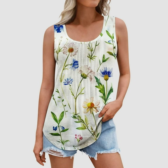 Yotami Plus Size Tops for Women Crew Neck Floral Print Loose Tank Top for Daily