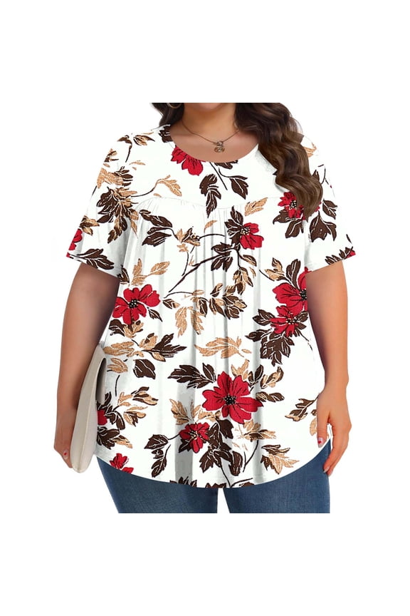 Plus Size Tops for Women Round Neck Summer Floral Print Pleated Short Sleeve Graphic Tee Breathable Shirt for Beach Cover-Up, Multicolor
