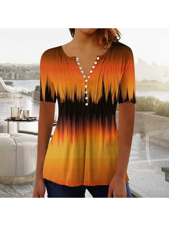 Plus Size Tops for Women Summer Graphic Tees Short Sleeve Button V-Neck Casual Loose Fit Blouses
