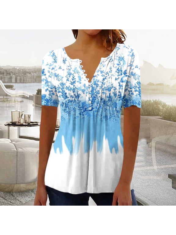 Plus Size Tops for Women Summer Pleated Boho Floral Blouse Button V-Neck Short Sleeve Loose Fit Casual Shirt Blue