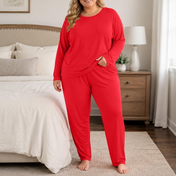 Yotami Plus Size Women Thermal Underwear Set, Solid Crew Neck Long Johns, Loose Stretchy Soft Base Layer Top and Bottom