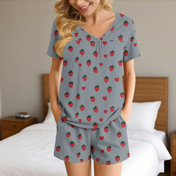 Yotami Printed Pajama Set Women with Pocket Loose Short Sleeve V-Neck Top Set for Casual Two-Piece Set Gray S