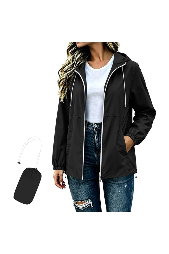 Rain Coats for Women Waterproof, Zip Up Lightweight Packable Raincoat, Drawstring Casual Hooded Windbreaker for Travel