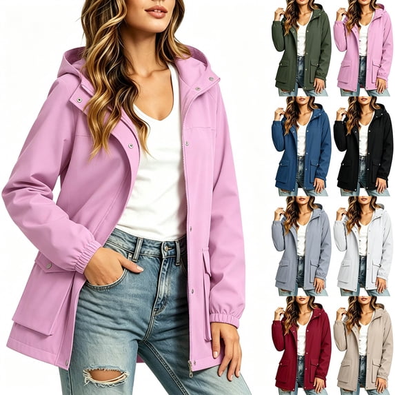 Yotami Rain Jackets Women Fall Fashion Zip-Up Hooded Raincoat Windbreaker with Snap Button, Pocket, Elastic Cuff, Waterproof Trench Coat S-XXL