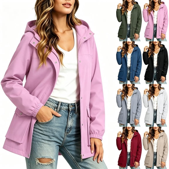 Yotami Rain Jackets Women Fall Fashion Zip-Up Hooded Raincoat Windbreaker with Snap Button, Pocket, Elastic Cuff, Waterproof Trench Coat S-XXL