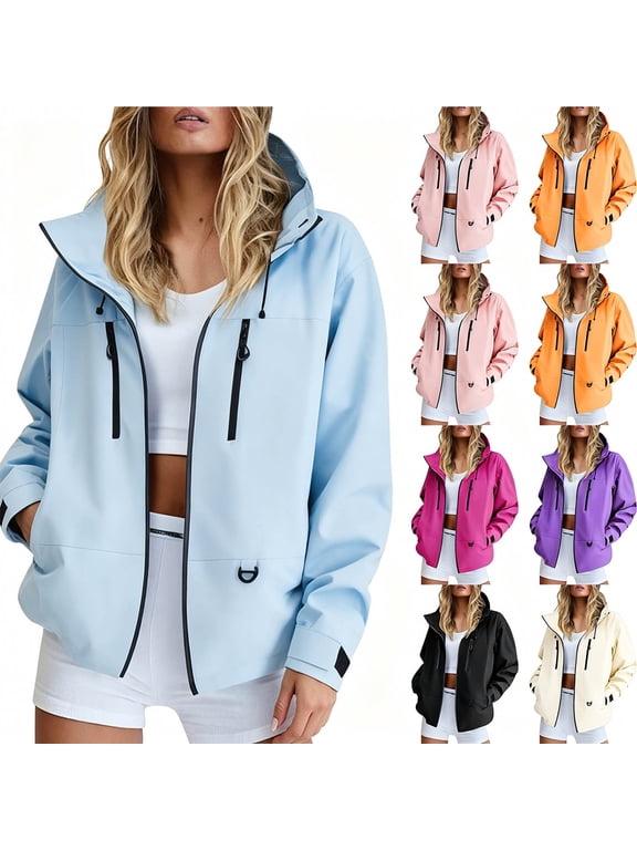 Rain Jackets Women, Zip-Up, Pocket, Solid Color, Drawstring, Lightweight Windbreaker Outerwear Hooded Raincoats Sizes S-XXL