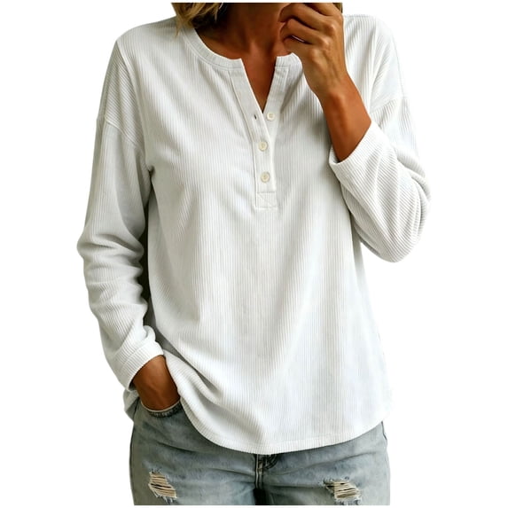Yotami Ribbed Tops for Women Long Sleeve Button V-Neck Shirts Loose Fit Lightweight Dressy Casual Blouse Fall Outfits