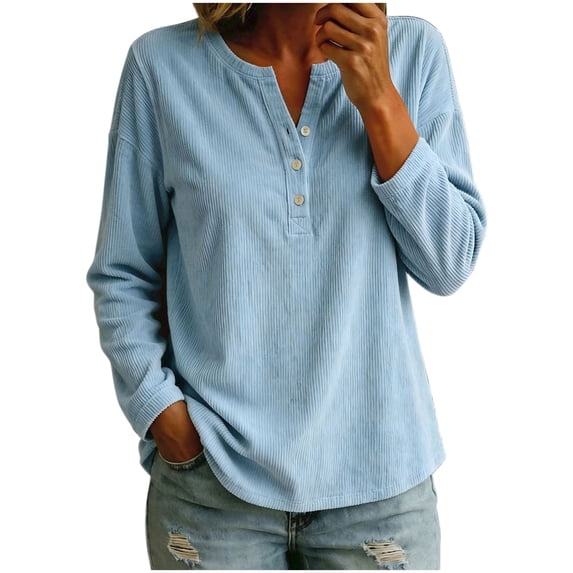 Yotami Ribbed Tops for Women Long Sleeve Button V-Neck Shirts Loose Fit Lightweight Dressy Casual Blouse Fall Outfits