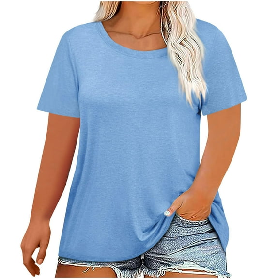 Yotami Round Neck Tops for Women Plus Size Short Sleeve Summer Shirt Solid Color Trendy Top for Vacation, Light Blue
