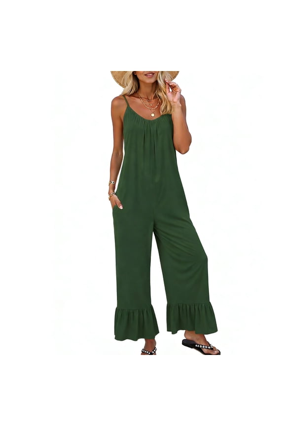Ruffle Hem Summer Loose Jumpsuits for Women, Pleated Front V-Neck Sleevelsss Casual Outfits, Spaghetti Strap Wide Leg Jumpsuits with Pockets, Army Green S