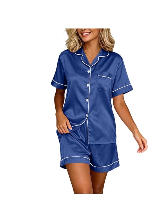 Satin Pajamas Set Women Short Sleeve Tops Sleepwear Soft Button Down Loungewear Comfy Pjs Shorts Set Homewear
