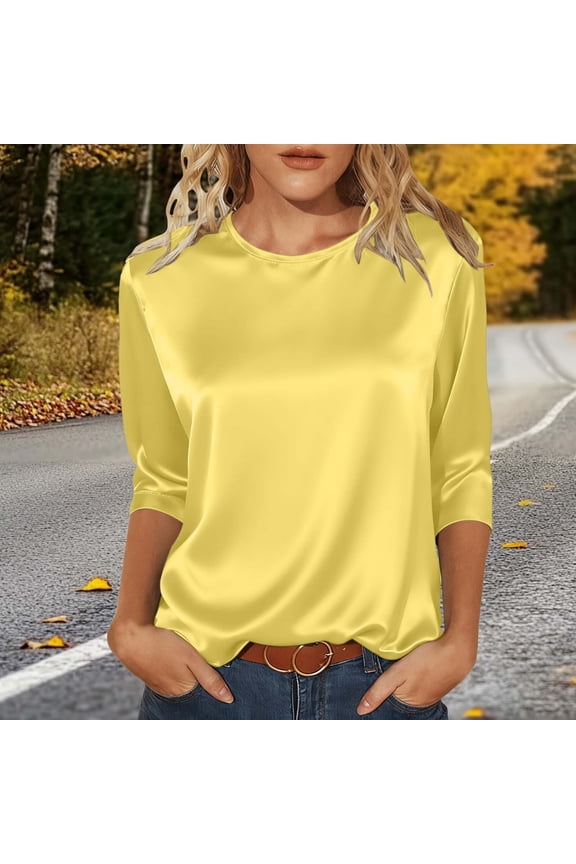 Satin Slik Tops for Women Fashion Crew Neck 3/4 Sleeve Shirts Summer Fall Loose Fit Tops Solid Color Blouse Dressy Casual, Size S-XXL