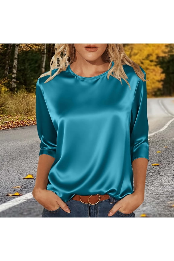 Satin Slik Tops for Women Fashion Crew Neck 3/4 Sleeve Shirts Summer Fall Loose Fit Tops Solid Color Blouse Dressy Casual, Size S-XXL