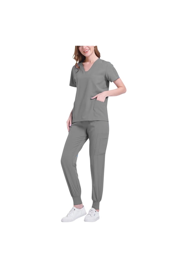 Scrubs Uniform Outfit Sets for Women Short Sleeve Top and Cuff Pant with Pocket V-Neck Solid Color Uniform Set for Work, Gray, XXL