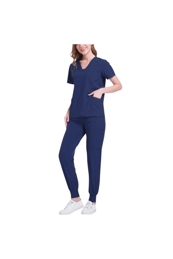 Scrubs Uniform Outfit Sets for Women Short Sleeve Top and Cuff Pant with Pocket V-Neck Solid Color Uniform Set for Work, Navy, L