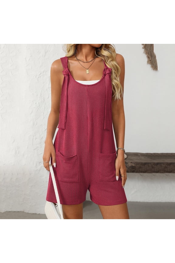 Short Jumpsuit for Women Wide Leg Sleeveless Solid Color Streetwear Jumpsuit with Pocket V-Neck Summer Adjustable Strap Romper for Beach