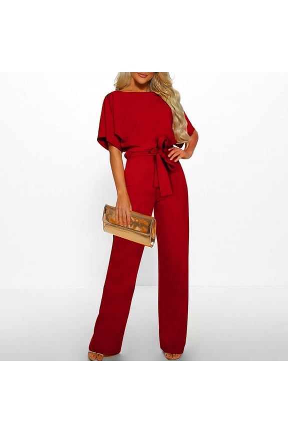 Short Sleeve Casual Jumpsuits for Women Summer Solid Color Wide Leg Loose Fit Jumpsuit with Belt Round Neck Jumpsuits, Red, XXL