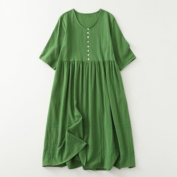 Yotami Short Sleeve Dresses for Women Summer Cotton Linen Bohemian Solid Color Dress for Vacation Crew Neck Midi Dress Green L