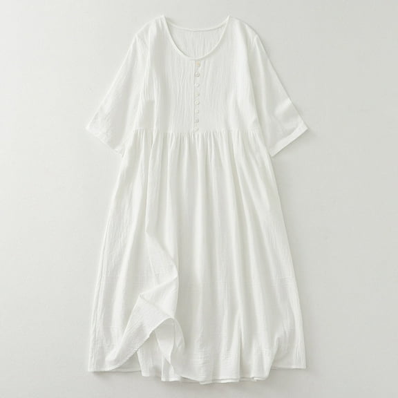 Yotami Short Sleeve Dresses for Women Summer Cotton Linen Bohemian Solid Color Dress for Vacation Crew Neck Midi Dress White M