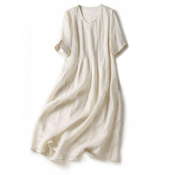 Yotami Short Sleeve Dresses for Women Summer Cotton Linen Breathable Solid Color Dress for Vacation V-Neck Midi Dress Beige XXL