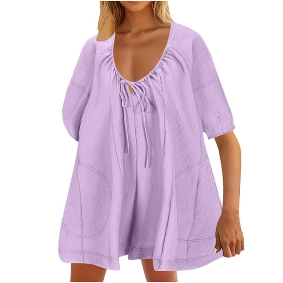 Yotami Short Sleeve Jumpsuits for Women Summer Breathable Jumpsuit with Pocket Lace-up Wide Leg Solid Color Romper for Travel