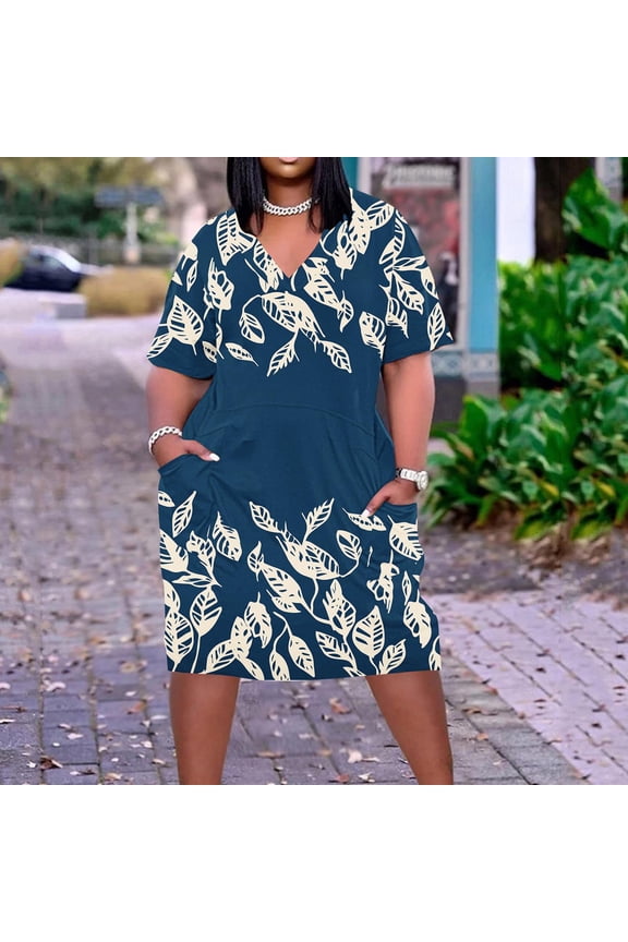 Short Sleeve Plus Size Dress for Women V-Neck Midi Dress with Pocket Summer Floral Print Sundress for Outdoor