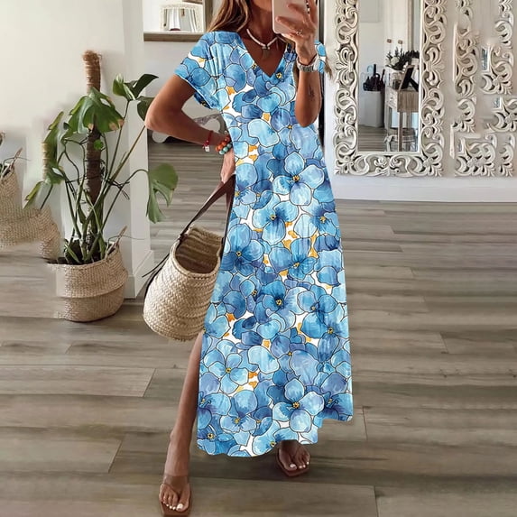 Yotami Short Sleeve Plus Size Dress for Women V-Neck Summer Side Slit Maxi Dress Floral Print Sundress for Vacation
