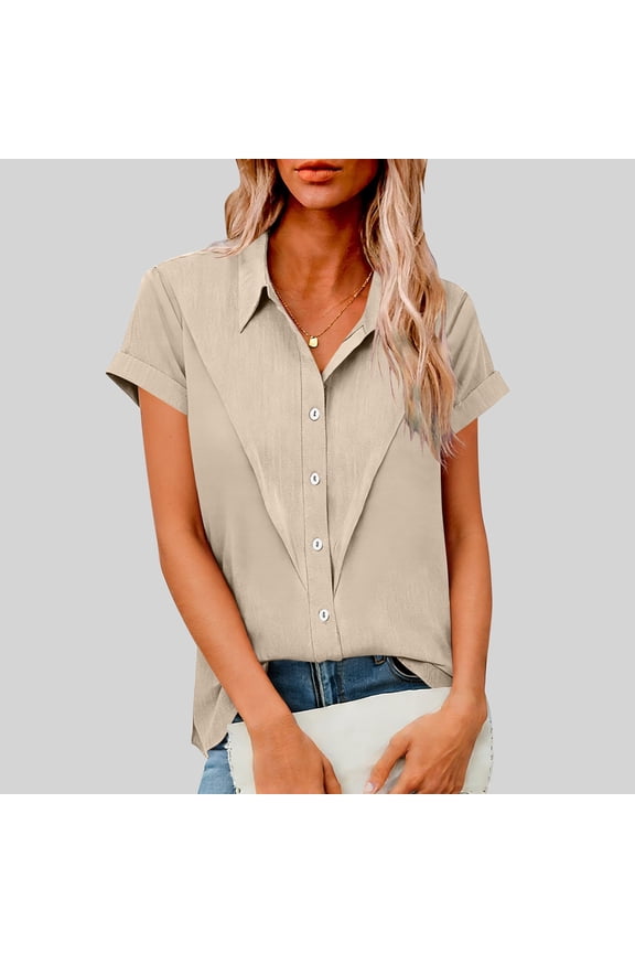 Short Sleeve Plus Size Tops for Women Fashion Casual Button Down Shirts Summer Lapel Loose Fit Blouse Clothes Beige XL