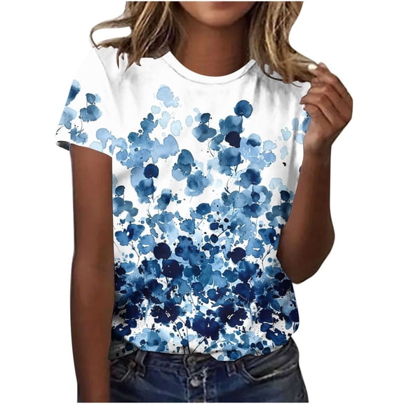 Yotami Short Sleeve Top for Women Crew Neck Floral Print Summer Plus Size T-Shirt for Home Comfortable Tee Multicolor S