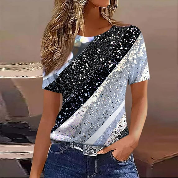 Yotami Short Sleeve Top for Women Plus Size Tshirt for Summer Round Neck Floral Print Casual T-Shirt Navy M