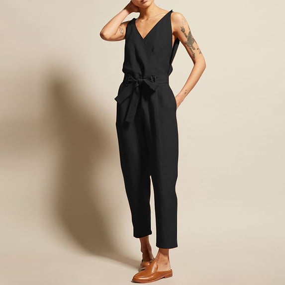 Yotami Sleeveless Jumpsuit for Women Summer Wide Leg Loose Fit Solid Color Plus Size Jumpsuit for Weekend V-Neck Soft Suspender Jumpsuits with Pocket, Black, XXXXXL