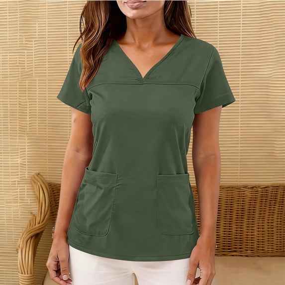 Yotami Solid Color Scrub Tops for Women with Pocket Fashion Shirt for Work V-Neck Short Sleeve Tops, Green, M