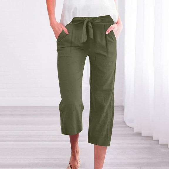 Yotami Straight Leg Pants for Women with Pocket Loose Capri Pants Elastic Waist Solid Color Cotton Linen Comfortable Capris, Army Green S