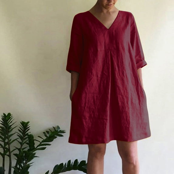Yotami Summer Casual Dress for Women Fashion V-Neck Cotton Linen Lightweight Solid Color Dress for Weekend Short Sleeve Midi Dress Red S