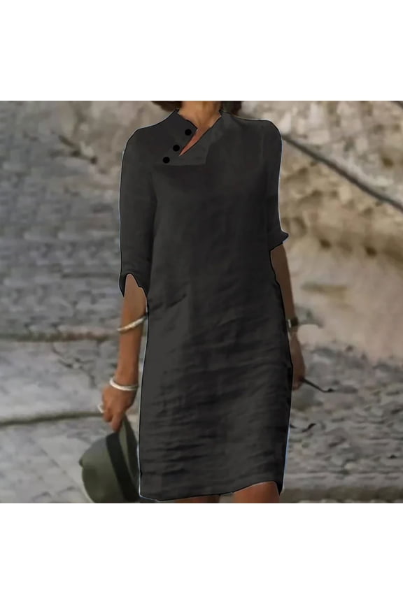 Summer Cotton Linen Dresses for Women Trendy Casual Breathable Solid Color Dress for Travel Button-Down Collar Short Sleeve Midi Dress Black XXL