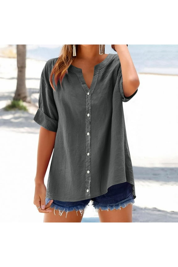 Summer Cotton Linen Tops for Women Plus Size Button-Down Shirts Short Sleeve V-Neck Workout Blouse Gray