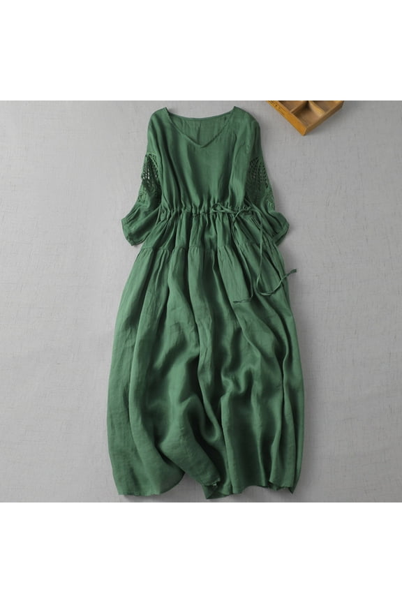 Summer Dresses for Women Casual V-Neck Breathable Solid Color Dress for Vacation 3/4 Sleeve Cotton Linen Midi Dress Green XXL
