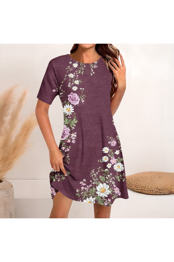 Summer Dresses for Women Crew Neck Short Sleeve Mini Dress Floral Print Plus Size Dress for Vacation
