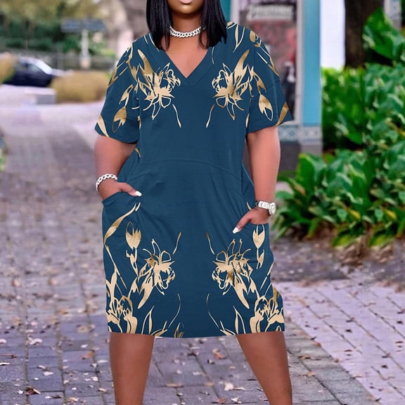 Yotami Summer Dresses for Women Short Sleeve Midi Dress with Pocket Floral Print V-Neck Plus Size Dress for Everyday