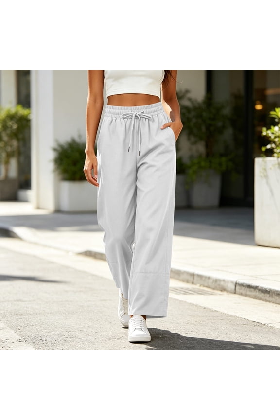 Summer Linen Pants for Women Fashion Casual Wide-Leg Loose Pants for Beach Vacation Drawstring Elastic High-Waisted Trouser with Pockets, White, Size XXL