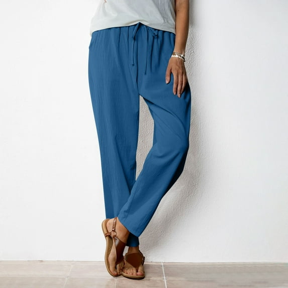 Yotami Summer Linen Pants for Women Straight Leg High Waisted Loose Fit Pants with Pocket Drawstring Solid Color Ankle Length Pant for Everyday, Navy S
