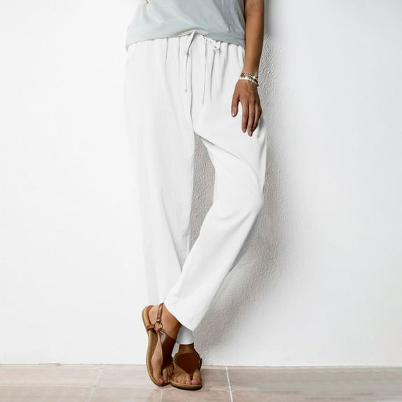 Yotami Summer Linen Pants for Women Straight Leg High Waisted Loose Fit Pants with Pocket Drawstring Solid Color Ankle Length Pant for Everyday, White L