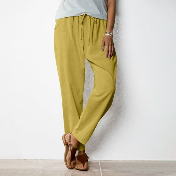 Yotami Summer Linen Pants for Women Straight Leg High Waisted Loose Fit Pants with Pocket Drawstring Solid Color Ankle Length Pant for Everyday, Yellow M